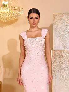 New Sexy Yellow Heavily Embellished Pearl & Rhinestone Off-Shoulder Bandage Maxi Dress, Elegant Women's Birthday Party, Wedding Guest, Formal Dinner, Christmas Party Gown - Pink - View 8