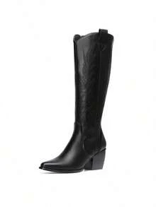 Women's Cowboy Riding Western Knee High Boots Pull On Zipper Chunky Heels Pointed Toe Embroidered Cowgirl Outdoor Boots  Winter Shoes - màu đen - Xem 3