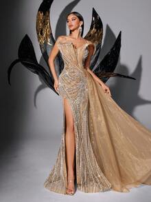时尚亮片珍珠无肩带开衩鱼尾晚礼服 - 香檳色 - 查看 2