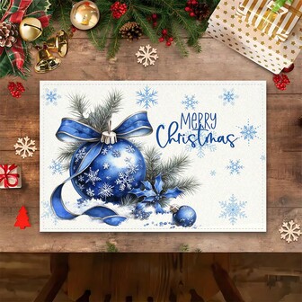 4-Piece Christmas Themed Dining Table Mat, Elegant And Simple Green Snowflake And Blue Decorative Ball Holiday Decoration, Paired With Holly Berries, Pine Branches And Blue Bows, Suitable For Party Dining, Holiday Decoration And Christmas Decoration.