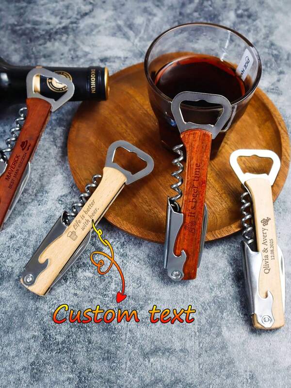 Abridor de Vinho Tinto Multifuncional Personalizado com Texto/Logotipo (1/5/10/20/50/100 unidades), Saca-rolhas em Madeira de Jacarandá, Abridor de Garrafas em Aço Inoxidável, Presente de Casamento Personalizado, Lembrancinha de Festa, Presente de Halloween, Presente para Padrinhos/Madrinhas, Presente Perfeito para Pais, Utensílio de Cozinha