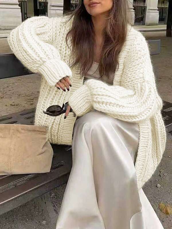 Elegante cárdigan de punto para mujer de unicolor, estilo suelto y simple para otoño e invierno, de manga larga, estilo de calle, de costilla, para uso diario, moda, que combina con blusas de lana para mujer, atuendos fotográficos, blusas de moda, atuendos de aeropuerto, blusas para salir de mujer