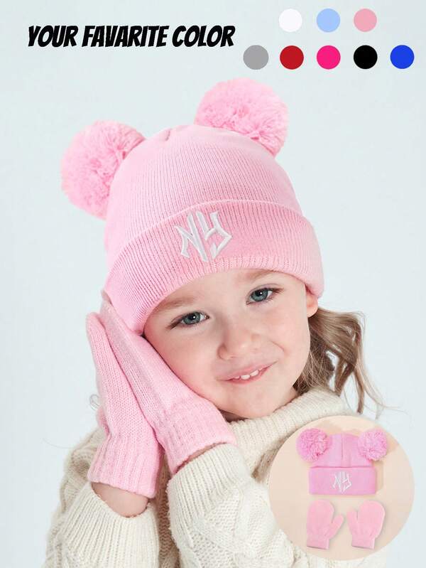 2 Stücke/1 Stücke Kinder Herbst/Winter warme gestrickte Mütze Handschuh-Zweiteiler, warmer gestrickter Anzug, NY Stickdesign, geeignet für Outdoor-Aktivitäten