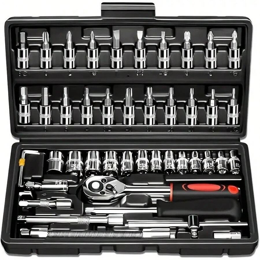 46pcs Car Repair Kit: Ratchet Torque Wrench, Wrench, Screwdriver, Socket Kit - Perfect For Motorcycle And Car Repair, Home Maintenance, Black