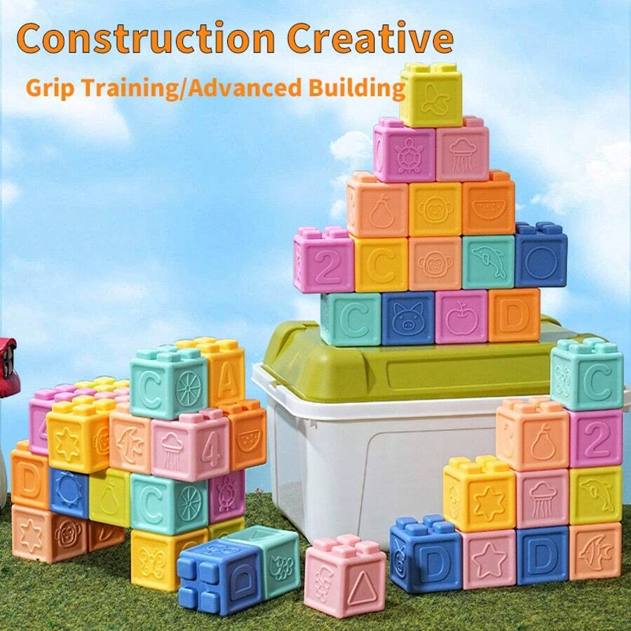 婴儿积木、幼儿积木、婴儿堆叠和建筑玩具，8/16/24/32/40/48+盒柔软益智积木 - 数字、形状、婴儿洗澡用积木、颜色、动物 - 一二挤压 - 6 个月以上，1-3 岁幼儿堆叠玩具，颜色随机，适合开学季、万圣节、圣诞节