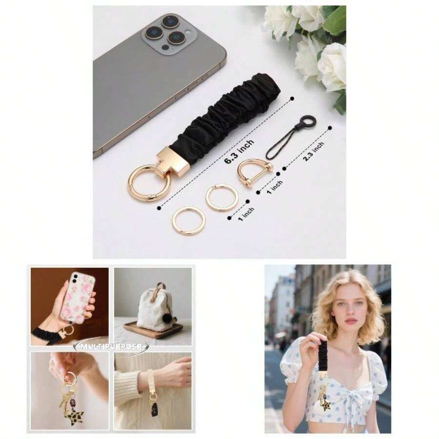 Wristlet Keychain Stretchy Key Chain Car Keys With D - Ring Scrunchie Keychain Wristlet Cute Wrist Lanyard - Black - View 1