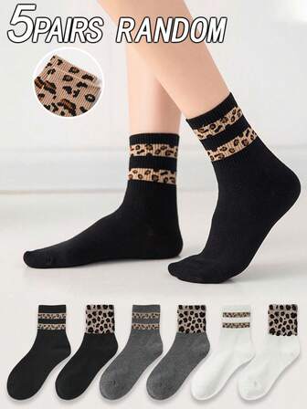 Múltiples pares de calcetines tipo tripulación para mujer, en negro, blanco a rayas, estampado de leopardo, únicos y de moda, suaves y cómodos, que absorben la humedad
