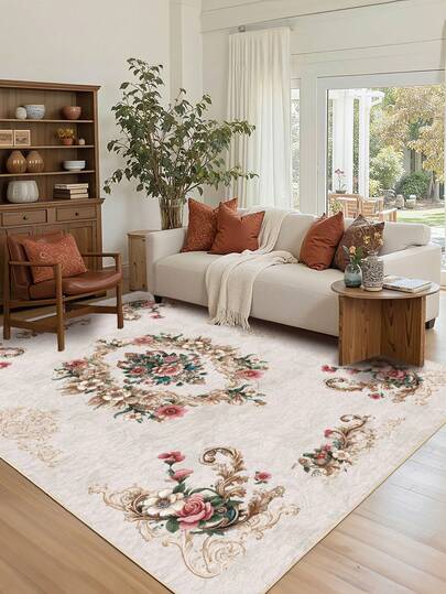 1 stuk lichtroze woonkamerdecoratietapijt met rozenpatroon, Boheemse stijl, 1100 g/m², zacht pluche materiaal, dikte 5 mm, zacht en comfortabel aanvoelend, gemakkelijk te onderhouden, waterdicht en vlekbestendig, anti-aanbaklaag, machinewasbaar, vloerkleed, geschikt voor de hal, tapijten voor de slaapkamer