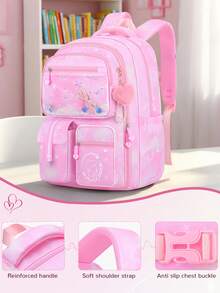 1 pezzo Zaino con stampa di principessa cartoni animati e ciondolo a forma di cuore in peluche, design apertura a 180°, chiusura con cerniera, multi-tasche, adatto per scuola, lavoro, viaggio, sport, pendolarismo, uso quotidiano, grande capacità, pieghevole, ottimo regalo