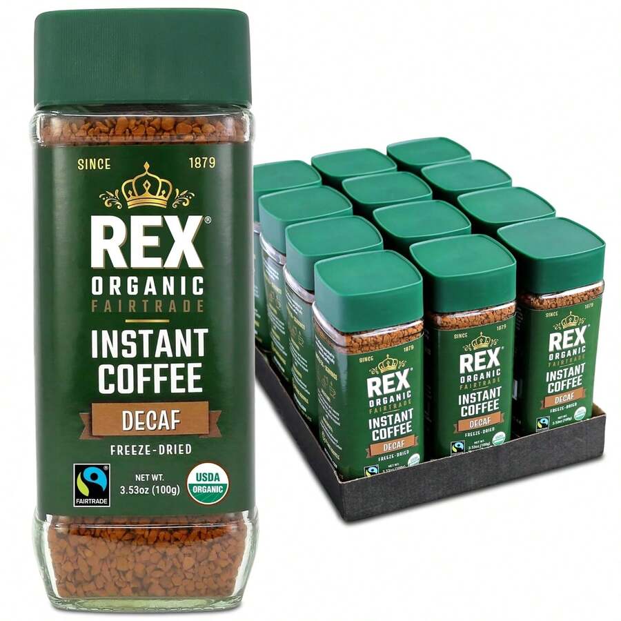 Rex Organic Fairtrade Decaf Freeze-Dried Instant Coffee \U2013 Naturally Decaffeinated Arabica, 3.53 Oz Gl Jar \U2013 Mountain Water Process - Gói 12 chiếc 353 ounce - Xem 1