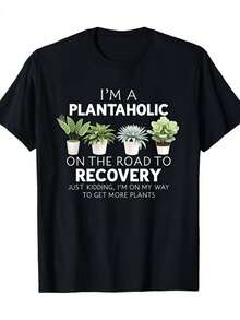 Men's Funny Plantaholic Gardening T-Shirt - "I'm A Plantaholic On The Road To Recovery" Slogan With Houseplant Design, Black With White Print, Casual Round Neck Short Sleeve Tee For Plant Lovers, Funny Gift For Plant Enthusiasts, All-Season Comfort Fit, Medium-Stretch Fabric, Machine Washable, Regular Fit Adult Sizes, Potted Plants Graphic, Humorous Plant Lover Apparel - 預設 - 查看 1