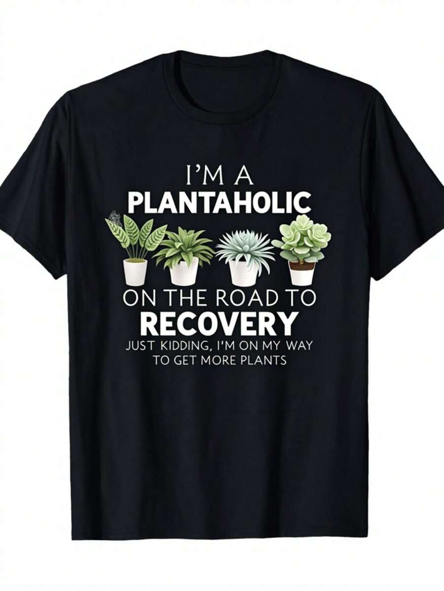 Men's Funny Plantaholic Gardening T-Shirt - "I'm A Plantaholic On The Road To Recovery" Slogan With Houseplant Design, Black With White Print, Casual Round Neck Short Sleeve Tee For Plant Lovers, Funny Gift For Plant Enthusiasts, All-Season Comfort Fit, Medium-Stretch Fabric, Machine Washable, Regular Fit Adult Sizes, Potted Plants Graphic, Humorous Plant Lover Apparel - 預設 - 查看 1