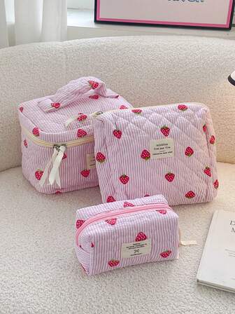 1Piece Print Strawberry Design Cosmetic Bag Set Large Capacity Cosmetic Bag Travel Toiletry Bag Organizer Cute Makeup Bag Pouch Storage Bag Travel Wash Bag With Handle Multi Functional Cosmetic Storage Bag For Valentine's Day Gift ,Monther's Day Gift ,Friends Gift ,Back To Shool Bridemaid Day Gift