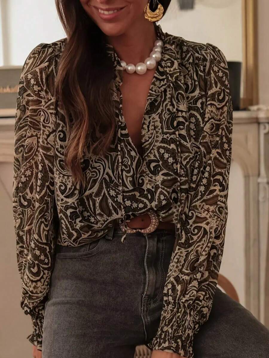 Fashionable Commuter All-Over Print Button Ruffle Hem Blouse