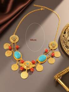 Herseygold 1pc Gold-Plated Faux Turquoise Coin Pendant Necklace, Middle Eastern Arabic Bridal Wedding Gift Jewelry