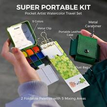 Pocket Watercolor Set, Travel Artist Outdoor Sketch Watercolor Kits With 2 Foldable Watercolor Palettes, Portable Leather Case And Metal Clip, Art Lovers