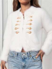 Novedades otoño/invierno Ropa de abrigo para mujer Chaqueta corta con ribete de piel Diseño cruzado Forro polar grueso para proteger del frío Cierre con cremallera y bolsillos Elegante estilo bohemio Y2K Informal, sensual, ropa para estar en casa, salidas, vacaciones, fiestas Prendas de punto cálidas a rayas Pantalones con motivos bordados Adecuado para Navidad, Halloween, Año Nuevo, Día de Muertos, citas, cumpleaños, bodas - Blanco - Ver 3
