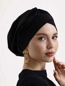 1pc Women's Classic Solid Color Chemo Turban Hat, High Elasticity, Pleated Design, Non-Slip, Breathable, Multi-Layer Pleated Headscarf, Perfectly Paired With Hijab, Soft And Skin-Friendly Modal Knitted Fabric, Suitable For Hijab Outfit, Daily Wear - Black - View 21