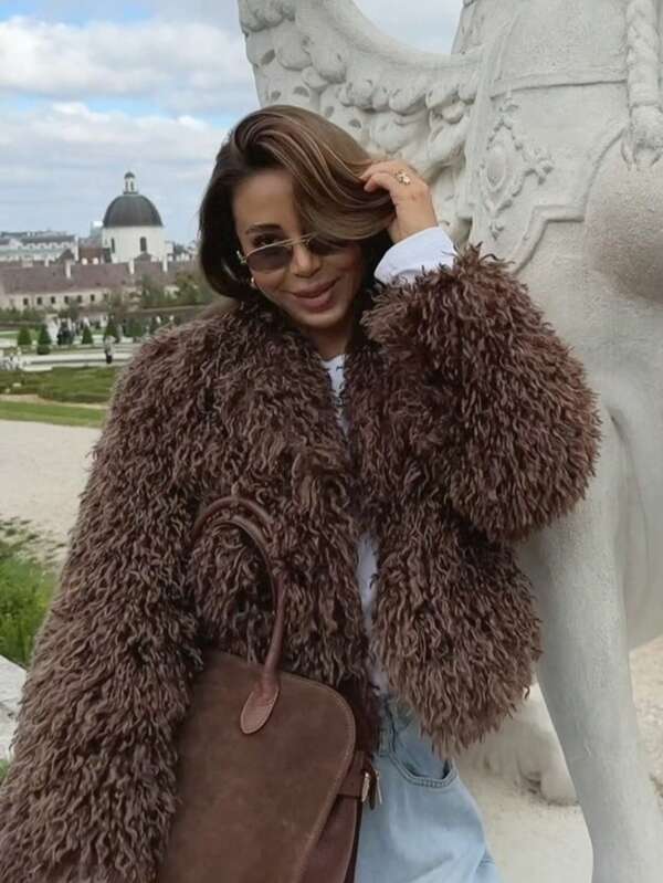 Luxuriöser Fake-Pelz flauschiger offener Mantel, langärmeliger Wintermode-Mantel, ein auffälliges Stücke, elegante Abend-Jacke, eine reizvolle Wahl für Feiertagspartys - Damen Jacke Mantel.