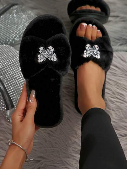 Pantofole aperte con punta aperta, con farfalla in strass bianchi, stile coreano, morbide e alla moda, per l'autunno/inverno 2025