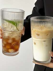 1 Set Striped Glass Cups With Straw And Lid, Portable And Simple Style Water Cup, Vertical Striped Glass Cup, High Quality Reusable Coffee And Juice Cup, Multifunctional Drink Container, Perfect For Home, Office, Beach, All Kinds Of Parties, Suitable For Coffee, Tea, Whiskey, Milk, Iced Americano And Latte Drinks