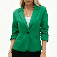[Women's Office Work Suit Blazer] Solid Color Button Front Blazer, Elegant Long Sleeve Lapel Collar Blazer For Office & Work, Women's Clothing, Flap, Suit - màu xanh lá - Xem 7