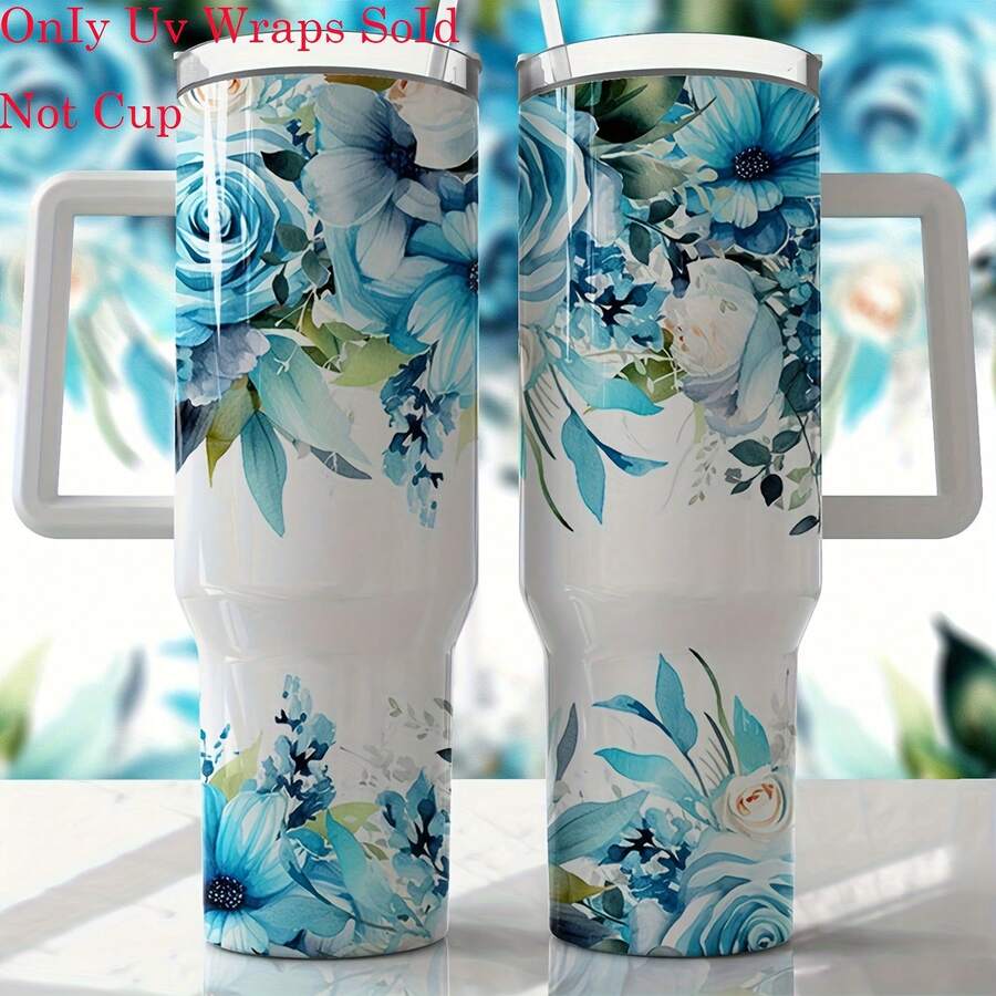 2PCS With Bright Aqua Floral Pattern UV DTF Transfer Stickers For 40oz Libbey Glass Cups - Waterproof & Scratch-Resistant, DIY Decoration Kit For Tumblers, Coffee Mugs & More (Cups Not Included)