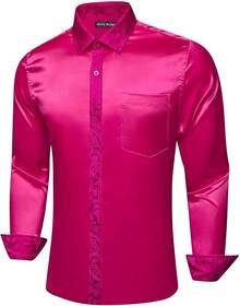 Mens Satin Silk Shirts Long Sleeve Designer Dress Shirt Shiny Untucked Casual Button Down Shirt Party Disco Formalhalloween - 緞面閃亮亮粉紅色 - 查看 6
