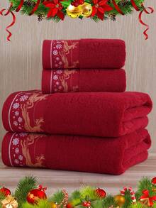 QIBHI Toalha de Banho/Banho Bordada com Rena de Natal em Cor Sólida (3/2/1 peças - Tamanho P) - Ideal para Presente de Natal, Festa de Casais, Decoração Natalina, Salão de Beleza, Hotel, Esportes, Artigos Essenciais para Casa e Cuidados com a Pele. - Vermelho - Ver 7