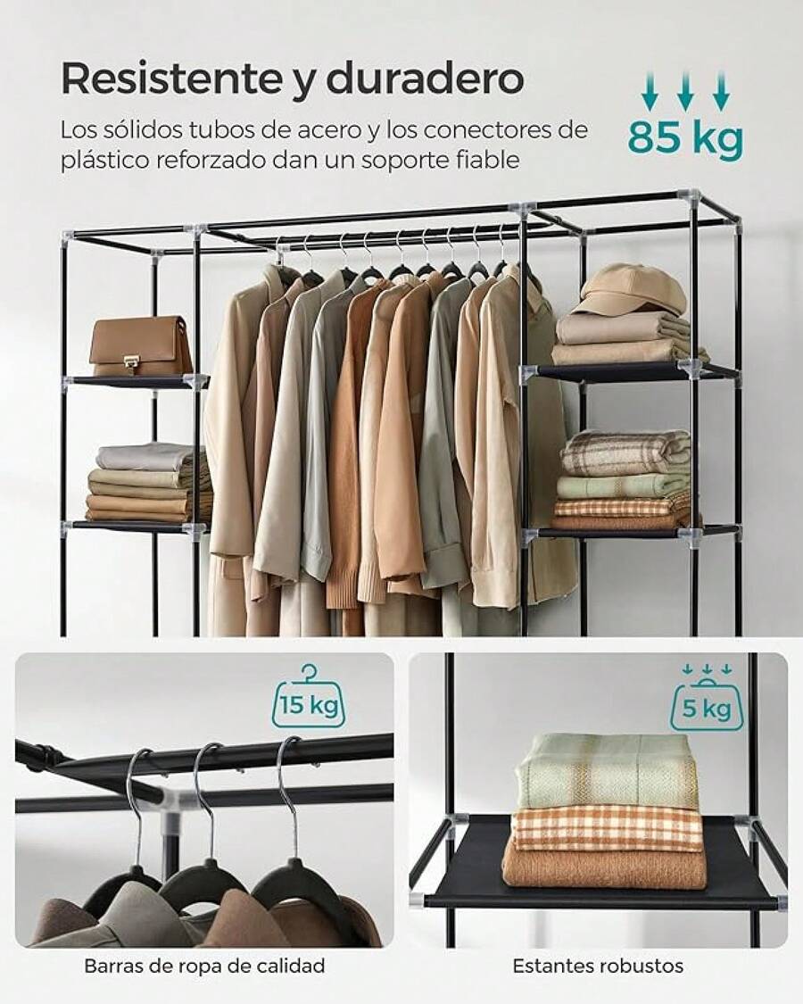 SONGMICS Armario de Tela, Armario Ropero con Cubierta de Tela no Tejida, 45 x 150 x 175, 12 Compartimentos, Marco de Metal, Armario de Dormitorio, Gris LSF03G - Negro - Ver 1