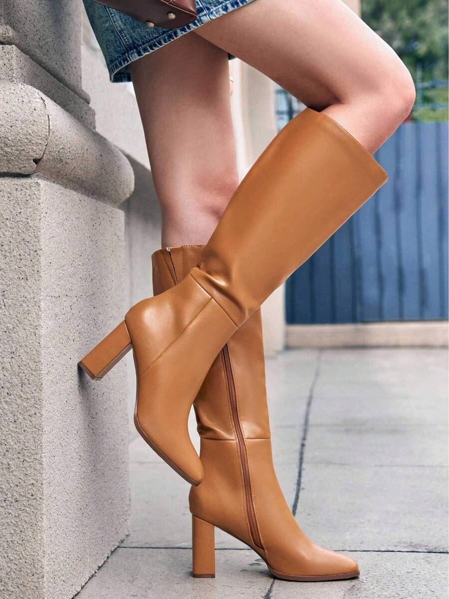 Womens Wide Calf Knee High Boots Chunky High Heel Square Toe Leather Side Zipper Shoes