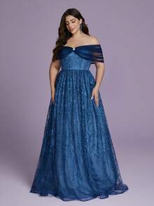 One-Piece Neckline With Gathered Net Mesh, Embroidered Lace, And Flowing Long Skirt. - Blue - View 5