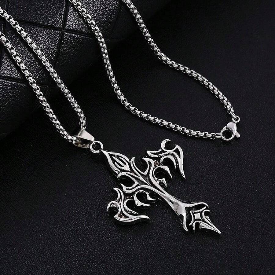Vintage Flame Cross Pendant Necklace For Men And Women - Gothic Choker Jewelry With Long Chain