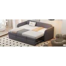 Upholstered Bed, Pull-Out Sofa Bed 90/180*190 Cm, With Vertical Stripes, With Slatted Frame, Multifunctional Bed, Comfortable And Breathable Linen Fabric, Grey (Mattress Not Included) - Grey + Upholstered + 90cm*190cm-2 - View 8