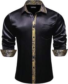 Mens Satin Silk Shirts Long Sleeve Designer Dress Shirt Shiny Untucked Casual Button Down Shirt Party Disco Formalhalloween - 緞面黑色和金色 - 查看 8