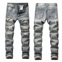 Pantalones Con Agujeros A La Moda Para Hombre - Azul lavado medio - Ver 1