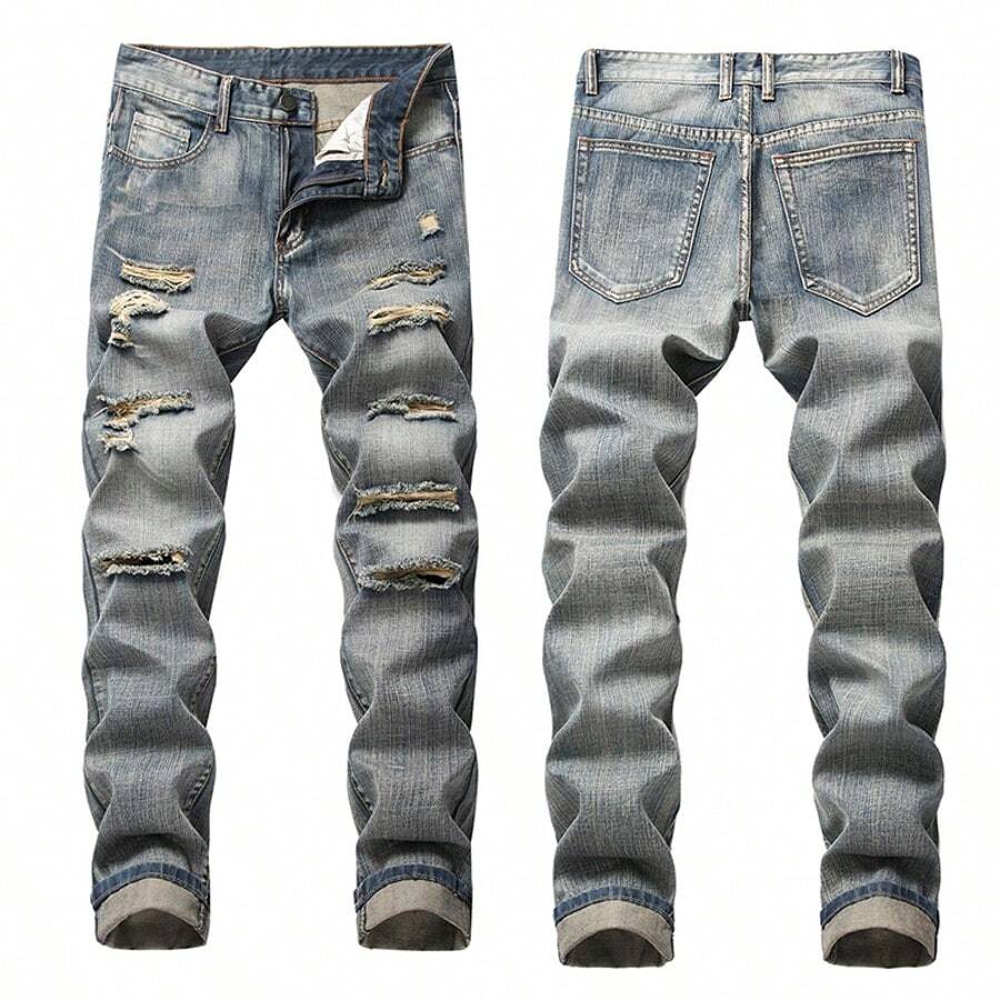 Pantalones Con Agujeros A La Moda Para Hombre - Azul lavado medio - Ver 1