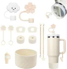 Set de 11 Piezas de Accesorios para la Cup, 6 Tapones antiderrame, 2 Cubiertas para popotes, 2 Charms Colgantes, 1 Bota, Set de Silicona para 40 oz y 30 oz - Beis - Ver 1