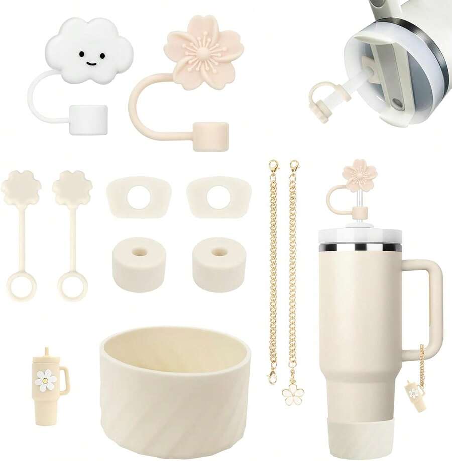Set de 11 Piezas de Accesorios para la Cup, 6 Tapones antiderrame, 2 Cubiertas para popotes, 2 Charms Colgantes, 1 Bota, Set de Silicona para 40 oz y 30 oz - Beis - Ver 1