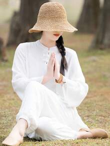 LUCIDVUE 2 件套女式白色改良汉服套装，中式不对称设计唐装，复古纽扣喇叭袖亚麻上衣和休闲灯笼裤，适合禅修、瑜伽、太极 - 白色 - 查看 9