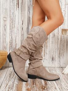 Plus Size 35-43 Chunky Heel Long Boots, Solid Color Casual Fabric Buckle Khaki Pleated Mid-Calf Boots, Office & Outdoor Wear, Spring/Autumn New Versatile Ankle Boots For Shopping & Party - Khaki Boots - View 9