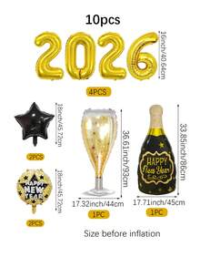 10 件/套新年气球套装，包含 16 英寸 2026 数字、星形新年英文瓶、香槟金瓶、黑色星星、18 英寸新年铝箔气球，适用于 2026 新年派对、新年派对装饰、新年主题、毕业派对、生日婚礼派对装饰、周年纪念装饰、除夕派对、节日装饰、派对用品 - 彩色 - 查看 7