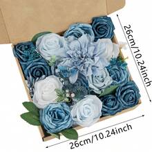 Artificial Flowers Combo Box Set, Blue Fake Flowers Roses Bridal Bouquets Out/Indoor DIY Centerpieces White Flowers For Decoration Arrangements Party Baby Shower - 藍色 - 查看 3