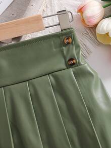 Girls' Fashionable Elegant Green PU Design Skirt, Suitable For Autumn/Winter - Olive Green - View 4