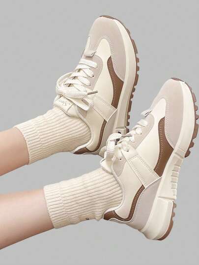 DareSee 新款圆头系带拼接撞色多功能都市户外休闲女鞋，适合音乐节、Y2KFest、返校季、秋季、万圣节、冬季等场合。