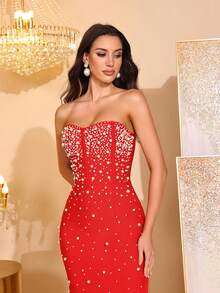 Beaded Decor Strapless High Slit Bandage Dress, Bridesmaid Dress For Parties And Festivals - Red - View 7