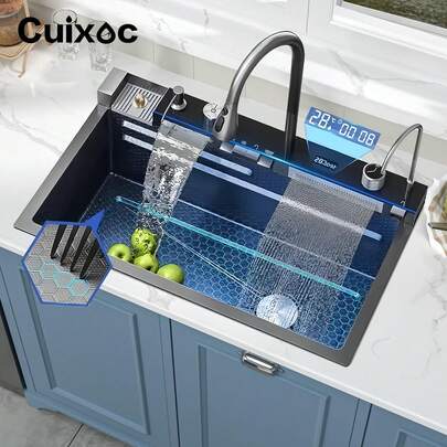 Smart Kitchen Sink With Digital Display, Nano 304 Stainless Steel Kitchen Sink With Flying Rain, Pull-Out Faucet, Pressurized Cup Washer