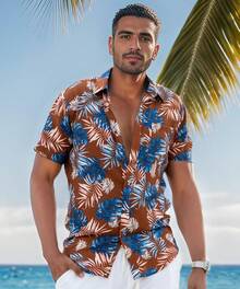 Men's Hawaiian Floral Shirt Short Sleeve Casual Button Down Shirt Summer Holiday Beach Shirt For Menhalloween - 棕藍色離開 - 查看 8
