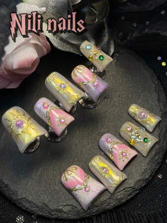 Get Romantic With Hand MadeTrends 10Pcs Short Duck Type, Pink French Tips Funny Full Coverage Fake Nails Set, Light Purple Cat-Eye FrenchManicures Feature Hand-Painted MetallicLiquid Sun, Moon, And StarburstPatternsFull Cover Press On Nail Suitable For Daily Use, Ramadan Perfect For Women And GirlsPerfect For Parties, Ceremonies, AndEveryday Wear. The Included Tool KitMakes A Great Gift For Women And Ci