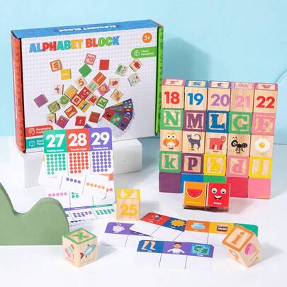 30pcs Children's ABC Wooden Alphabet & Number Blocks With 9 Double-Sided Flashcards, Learning Colors, Shapes, Words, Counting For Preschool Education, Sensory Toys, Suitable For Boys And Girls, Christmas Gift